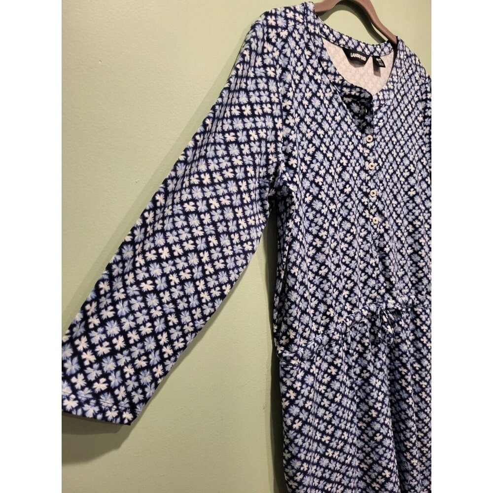 New Lands End Blue Print 3/4 Sleeve 1/4 Button Tie Waist Dress Sz M Pockets - Picture 5 of 9